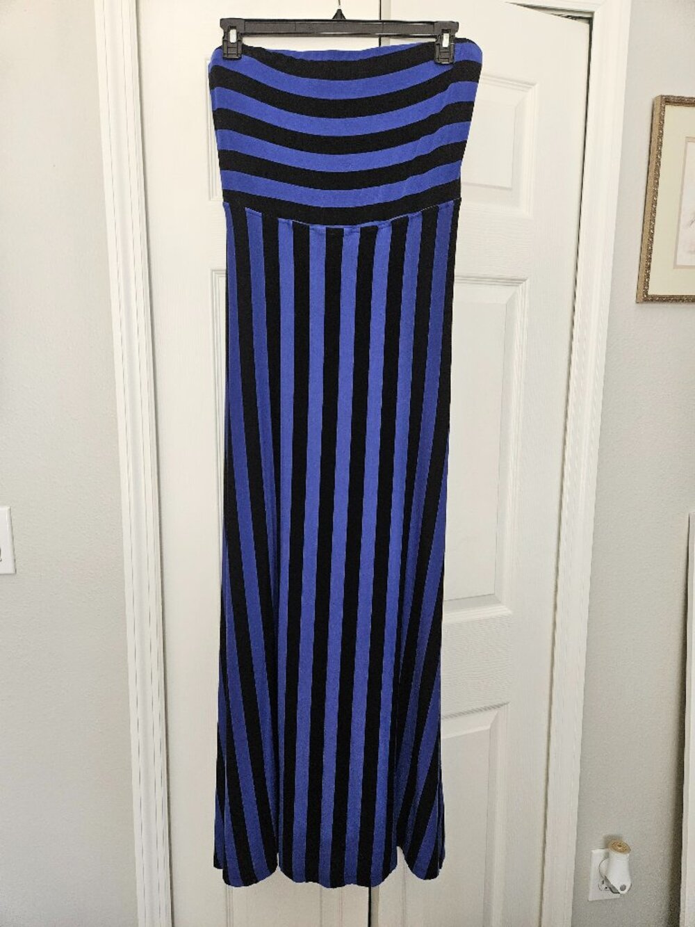 Blue and Black Striped Strapless Dress